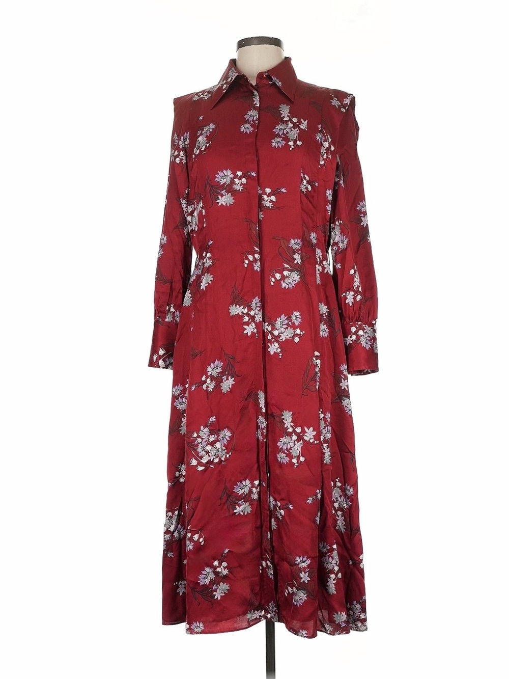 Massimo Dutti Red Floral Long-Sleeve Midi Shirt Dress